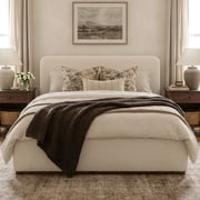 Aykah Eira Boucle King Bed Frame with Storage, Upholstered Headboard, Metal Bed Frame King Size with Headboard, Hydraulic Storage System, No Box Spring Required (Marshmallow Boucle)