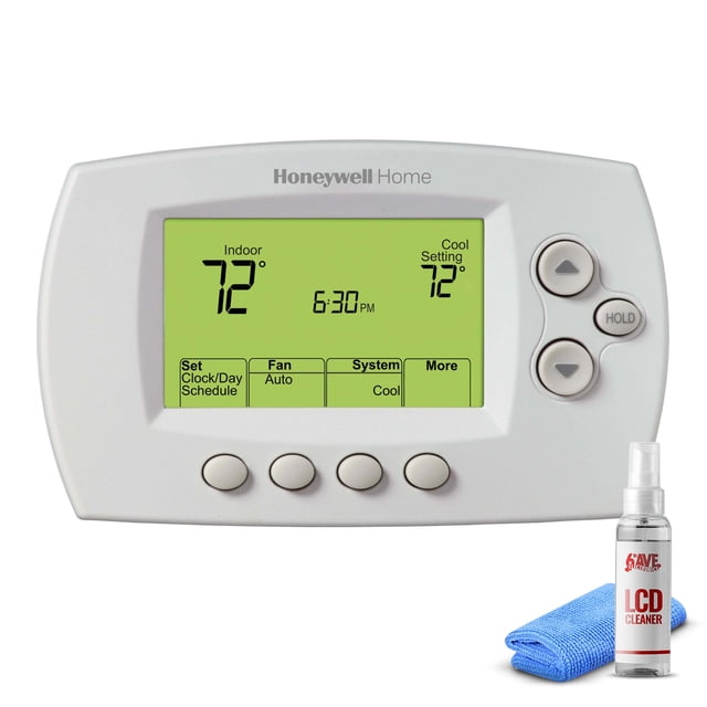 Honeywell Wireless FocusPRO Programmable Thermostat (YTH6320R1001) featuring a backlit digital display with indoor and cool settings at 72°F, and a simple push-button interface. Equipped with RedLINK technology for wireless connectivity and compatibility with the Total Connect Comfort app when paired with a RedLINK Internet Gateway. Bundle includes an LCD cleaner and cloth for screen care.