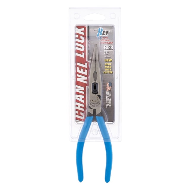 CHANNELLOCK 8" HL Bent Long Nose Plier with blue grips in clear packaging, featuring 35-degree angled jaws with crosshatch teeth and cutter, Xtreme Leverage Technology for easier cutting, made in USA, designed for precise gripping and cutting in tight spaces.