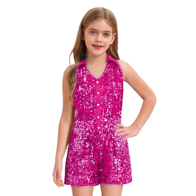 renvena Short Sequin Jumpsuits Pageant Romper For Girls Jazz Hip Hop Dancing Wedding Evening Hot Red 14