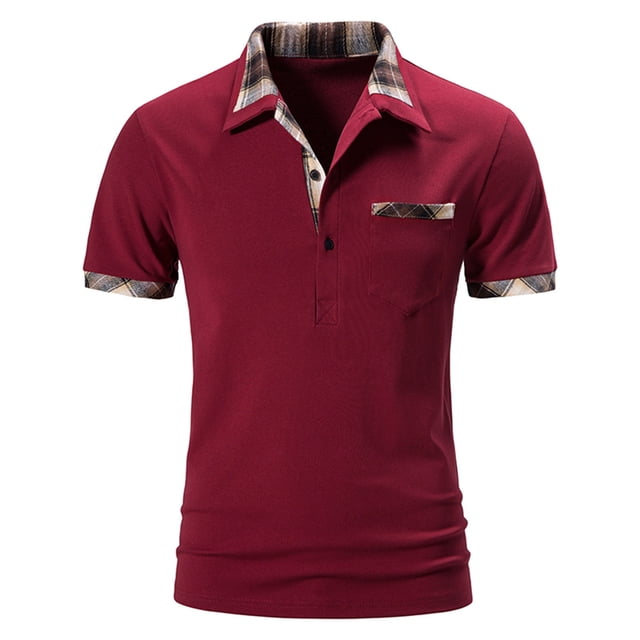 RKSTN Polo pour Homme à Coupe Ajustée de Couleur Bourgogne avec accents à Carreaux en Blocs de Couleur sur le Col Rabattu, Poignets de Manche et Poche Poitrine. Fabriqué en Mélange Léger de polyester et d'Élasthanne, Ce Polo à Manches Courtes Offre un Style Décontracté Mais Stylé, Convient au Port Quotidien, aux Activités de Plein Air Ou à Porter avec un Jean. l'Avant Boutonné et le Tissu Respirant Assurent Confort et Durabilité.