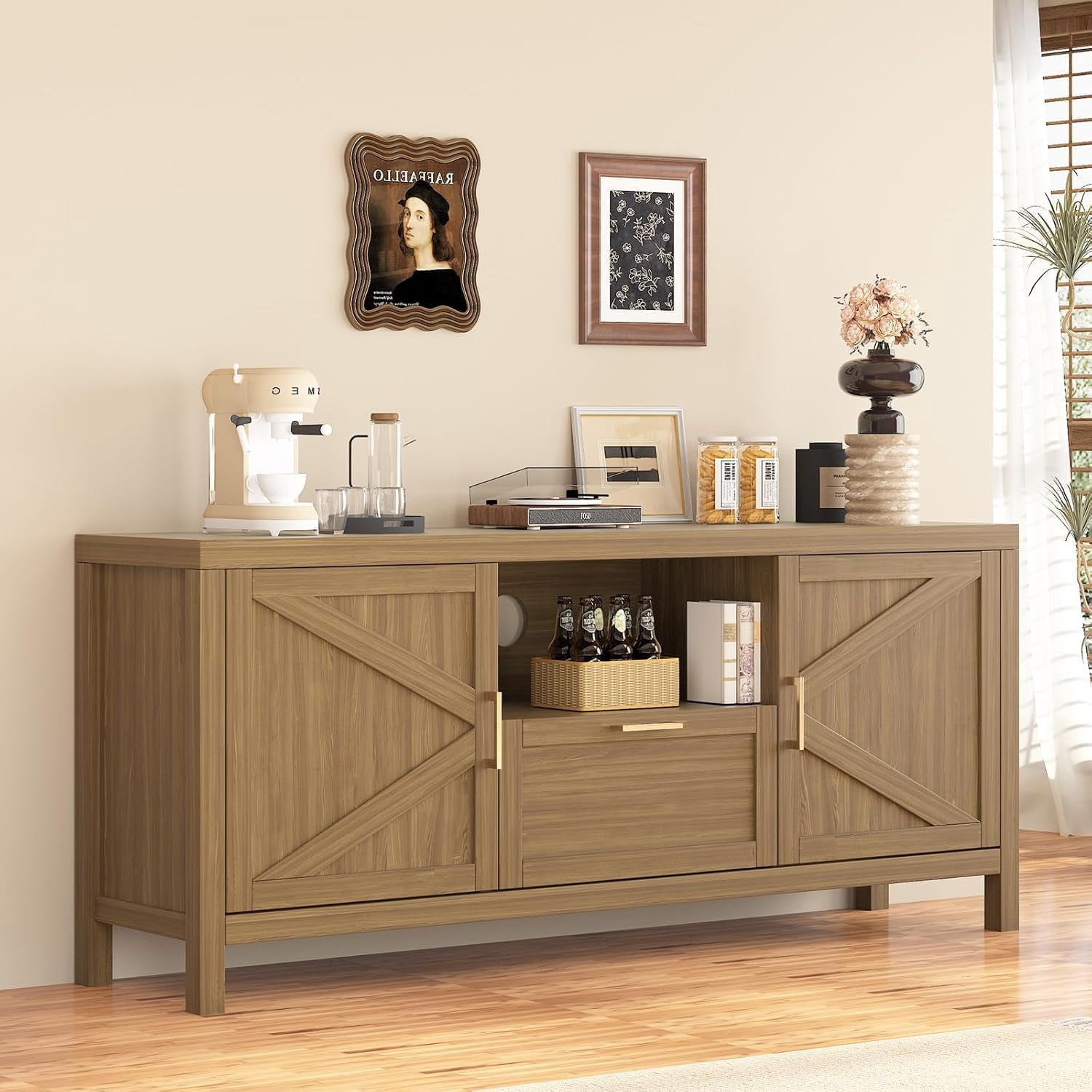 TV Stand for 65 Inch TV, Entertainment Center with Storage Cabinets and Adjustable Shelf, Farmhouse Media TV Console Table for Living Room Bedroom