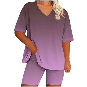 Pyjama pour Femmes Deux Pièces Grande Taille Ensembles de Détente Dégradé T-Shirt Ample Shorts Ajustés Tenue de Nuit Pjs Fin de Semaine Rose Vif, G