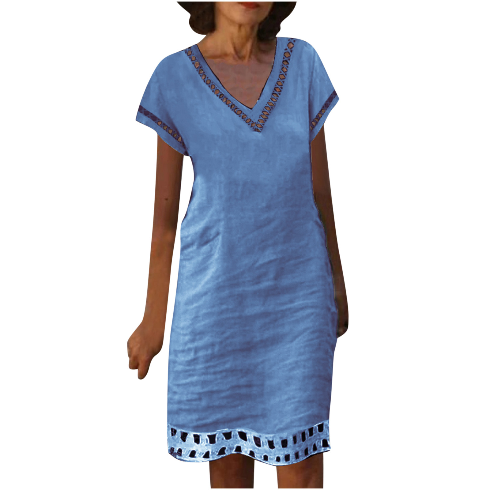 Robes pour Femmes 2024 Été Oversize Coton Coton Lin Couleur Unie à Empiècements Dentelle Hydrosoluble Robe à Manches Courtes Col en V Longueur Genou Robe Rabais de 50 % Liquidation!