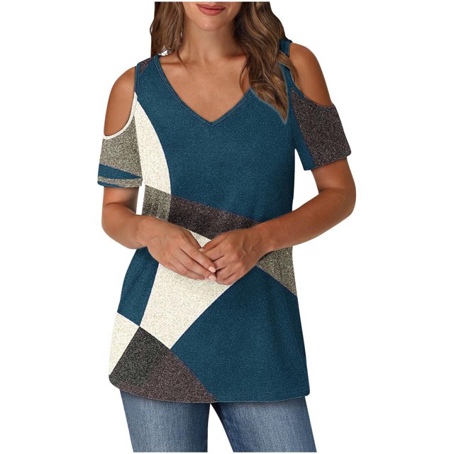 yoeyez Plus Size Short Sleeve Blouse Cold Shoulder V Neck Tunic Shirts Causal Color Block Tops Shirts Relaxed Fitted Comfy Pullover Blouse on Sale Blue S
