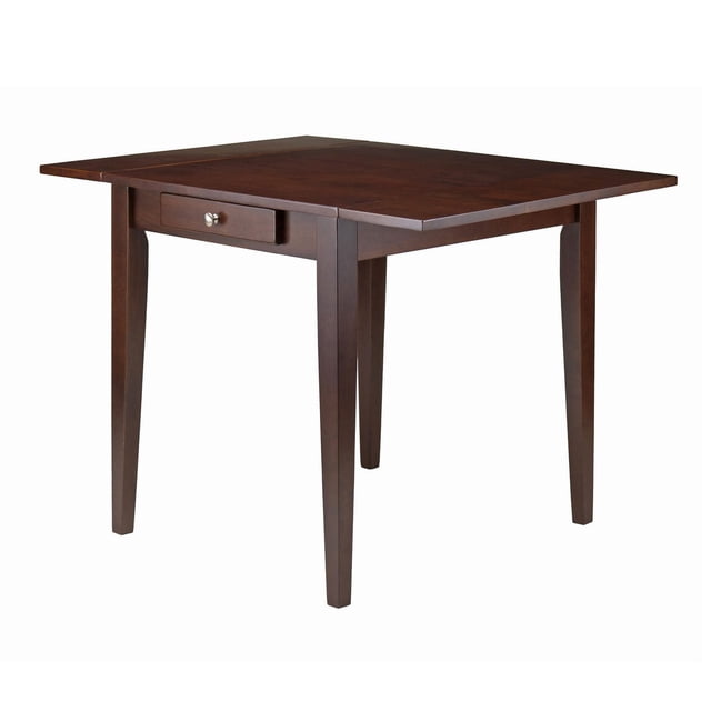 Winsome Hamilton Double Drop Leaf Dining Table in walnut finish with two drop leaves, solid wood tapered legs, and a drawer with satin nickel pull, shown partially extended from a front 3/4 angle on white background, suitable for compact dining spaces.