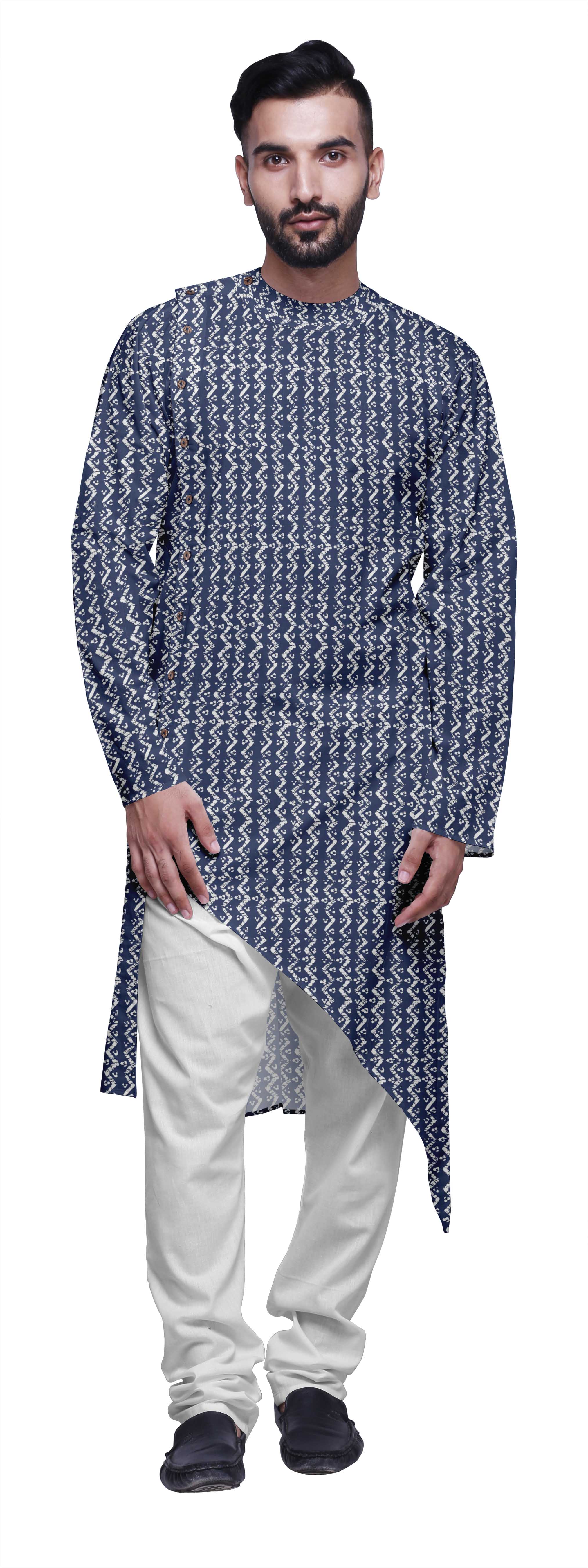 Atasi Indian Asymmetric Party Wear Kurta With White Churidar Pajama Set For Men
