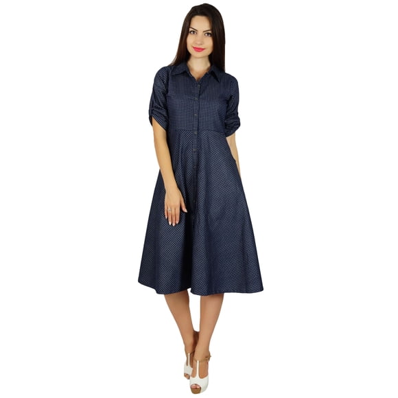 Bimba Womens Buttondown Chambray Shirt Dress With Pockets Casual Collar Neck