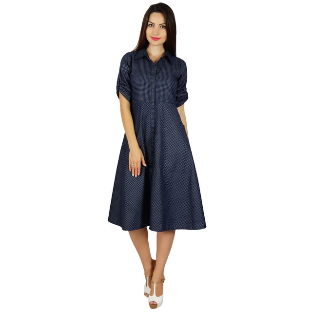 Bimba Robe Chemise en Chambray à Boutons pour Femmes avec Poches, Col Décontracté