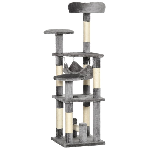 PawHut Cat Tree Multi-Level Tower with Hammock, Grey 52"