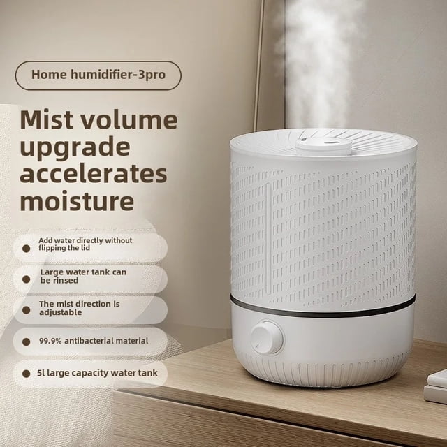 5L Large Capacity Air Humidifier Smart Humidifier with Rotating Mist Auto Shut-Off High Frequency Humidifier Ultra Quiet for Home (220V). This white ABS humidifier features a 5L water tank for long-lasting moisture, dual nozzles for even mist distribution, and an adjustable spray volume. It includes a built-in display for monitoring humidity levels and an aroma diffuser for essential oils. The compact design measures 20x20x26cm and operates at 20W power with infinite speed regulation. Ideal for improving air quality and comfort in home settings.