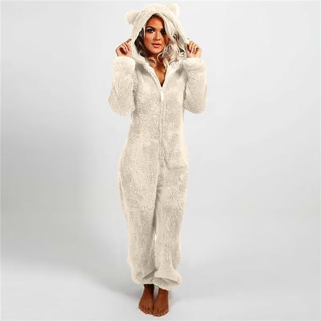 LOVZFMLL Combinaison pour Femme, Pyjama Combinaison à Capuche à Manches Longues Décontracté d'Hiver Chaud, Tenue de Nuit Beige, 5TG