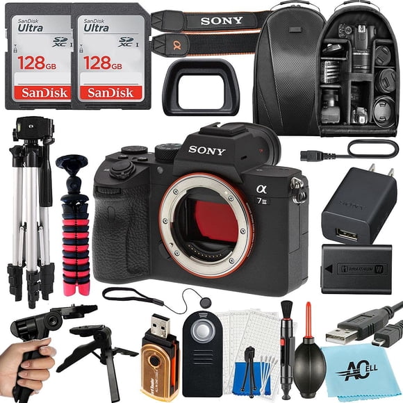 Sony Alpha a7 III Full Frame Mirrorless Digital Camera (Body Only) 24MP with 2 Pack SanDisk 128GB Memory Card, Backpack, Tripod and A-Cell Accessory Bundle (Black)