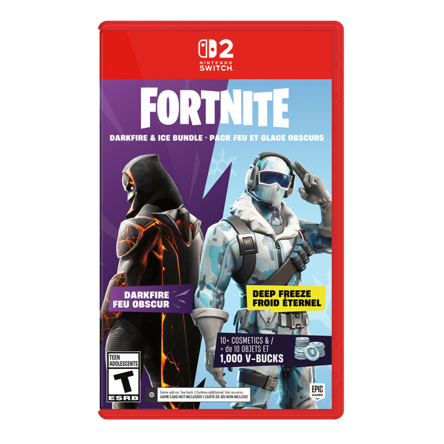 Fortnite – Darkfire & Ice Bundle for Nintendo Switch 2 featuring two character skins: Darkfire in a black hooded outfit with glowing orange cracks, and Deep Freeze in blue and white camouflage with tactical gear and headset. Includes 10+ cosmetics and 1,000 V-Bucks for in-game use.