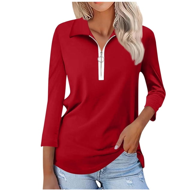 MeetoTime Chemises à Fermeture Éclair 1/4 pour Femmes Blouses Décontractées à Col Manches 3/4 Tuniques Tops Chandail