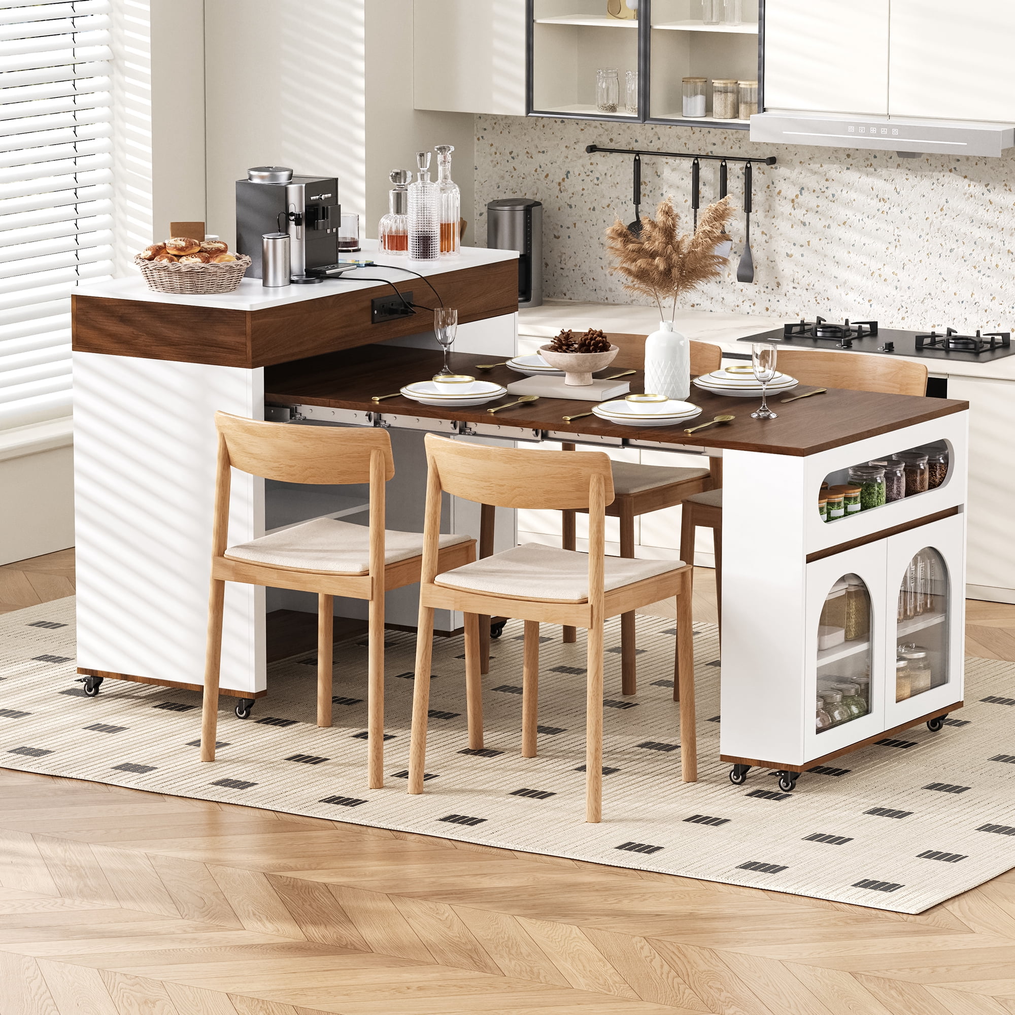 Table de salle à manger extensible Noble House TREXM avec plateau rabattable extra-long, îlot de cuisine roulant avec tiroirs (Noyer + Blanc crème)