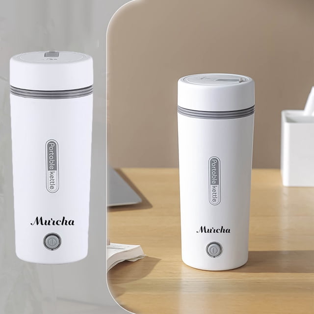 Jovati Travel Kettle Car Kettle Portable Electric Kettle in white, featuring a compact 3-in-1 design that functions as a kettle, vacuum bottle, and water cup. Made of food-grade 304 stainless steel, it has a 350ml capacity, 300W power, and measures 8.2x6.5x20.8cm. The kettle includes an automatic shut-off feature, a vented lid to prevent overflow, and a one-button operation for quick boiling in 5-7 minutes. Shown on a wooden table with a minimalistic background.
