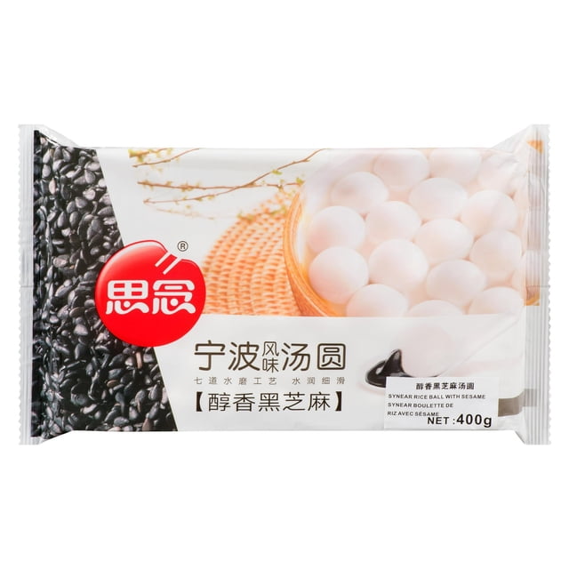 Synear Rice Ball with Sesame 400g package showing a front-facing white wrapper with round white rice balls in a wooden bowl, black sesame seed pattern on the left, and red Chinese brand logo, representing frozen Chinese dumplings with savory sesame filling, suitable for quick snacks or meals.