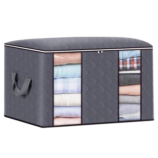 TopLLC Clothes Storage Bag 90L Large Wardrobe Sorting Storage Bin in grey with reinforced handles and visible windows. Made from durable, three-ply nonwoven fabric, it measures 23.6 x 16.9 x 13.7 inches (60 x 43 x 35 cm). The bag features a quilted design, clear windows for easy content visibility, and sturdy two-way zippers. Ideal for storing clothing, blankets, and comforters. Foldable and waterproof for convenient storage and organization.