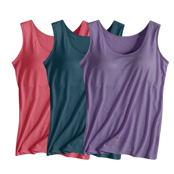 Cameland 3PC Women's Tank Top with Built in Bra Sleeveless Wide Shoulder Strap Camisoles Basic Cami Tanks Summer Padded Bra Undershirt for Workout Sleeping Traveling