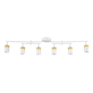 Globe Electric 6-Light Matte White and Faux Wood Track Lighting with Double Center Swivel Bar and Pivoting Shades