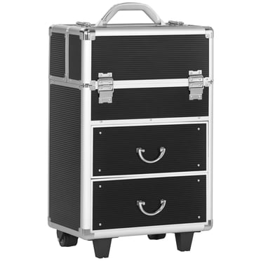 HOMCOM Rolling Makeup Train Case Traveling Cart Trunk w/ Swivel Wheel Black