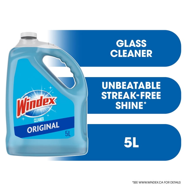 Windex® Recharge de Nettoyant pour Vitres, Original, Pichet en Plastique Bleu de 5 L avec Poignée Ergonomique et Bouchon à Vis Blanc, Étiqueté pour une Brillance Imbattable Sans Traces, Idéal pour Nettoyer le Verre, les Fenêtres et les Miroirs dans les Foyers Canadiens.