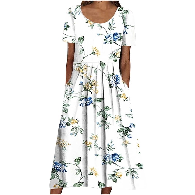 Pisexur Robe T-Shirt d'Été pour Femme, Décontractée, Florale, Col Rond, Manches Courtes, Robe Évasée, Taille Empire, Robe Maxi avec Poches
