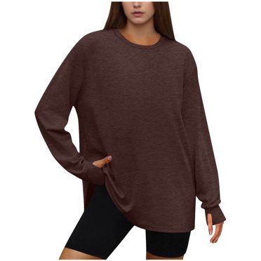 HAiming T-Shirts Surdimensionnés pour Femmes avec Trou pour le Pouce, Manches Longues, Hauts d'Entraînement, T-Shirt à Col Rond, Vêtements d'Automne Tendance