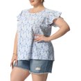 thumbnail image 4 of GRACE & GRANDEUR Hauts Floraux pour Femmes Grande Taille Col Rond Manches Courtes Évasées Blouse Décontractée Printemps Été 1X Bleu Blanc, 4 of 6