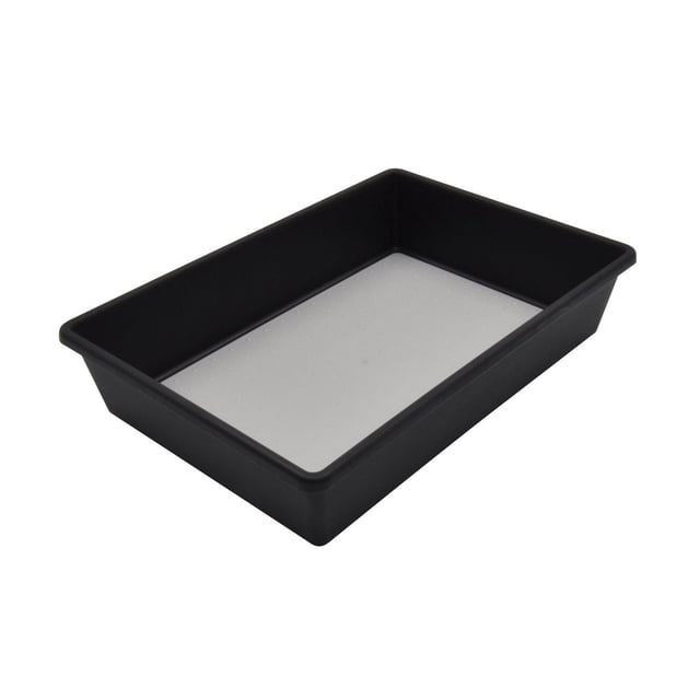 Mainstays Black Plastic Non-Slip Drawer Organiser, 6.75 by 9.75 inches, rectangular black plastic tray with grey non-slip bottom and single compartment, suitable for organizing kitchen utensils, office supplies, or small tools, shown at a 3/4 angle on white background.