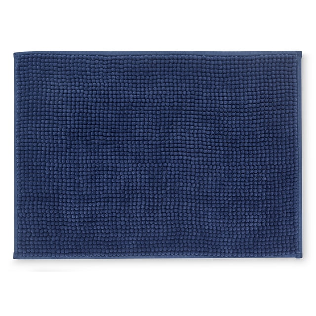 Mainstays Noodle Navy Bath Rug, 17" x 24", rectangular navy bath mat with textured chenille microfiber noodle design and non-slip backing, made from 100% recycled polyester, machine washable and quick-drying, suitable for bathroom floors and often used as a small kitchen mat.