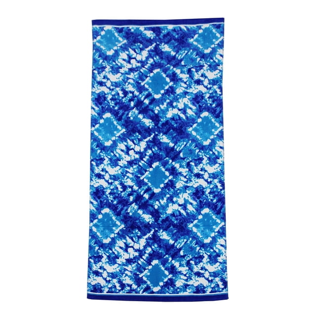 Mainstays Serviette de Plage Imprimée avec Motif Teinture sur Nœuds Diamant Bleu et Blanc, Faite de 100 % Coton avec devant en Velours Doux et Dos en Éponge Absorbant, Mesurant 28 par 60 Pouces avec une Boucle de Suspension, Idéale pour la Plage Ou comme Enveloppe Légère.
