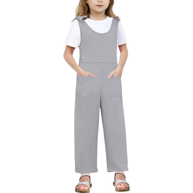 MIASHUI Girl's Jumpsuits Summer Sleeveless Overalls Kids Round Neck Long Pants Rompers,Grey,5-6 Years