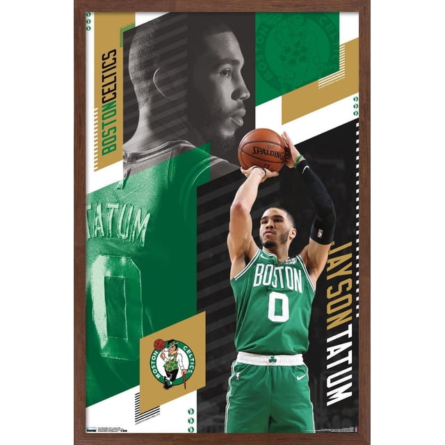 NBA Boston Celtics - Jayson Tatum 19 Wall Poster, 22.375" x 34" featuring a framed poster of Jayson Tatum in a green Boston Celtics jersey number 0 shooting a basketball. The design includes a close-up of the back of his jersey with the name Tatum, the Boston Celtics logo, and bold text with his name in green, gold, black, and white geometric shapes. Suitable for NBA fan room decor or sports-themed spaces.