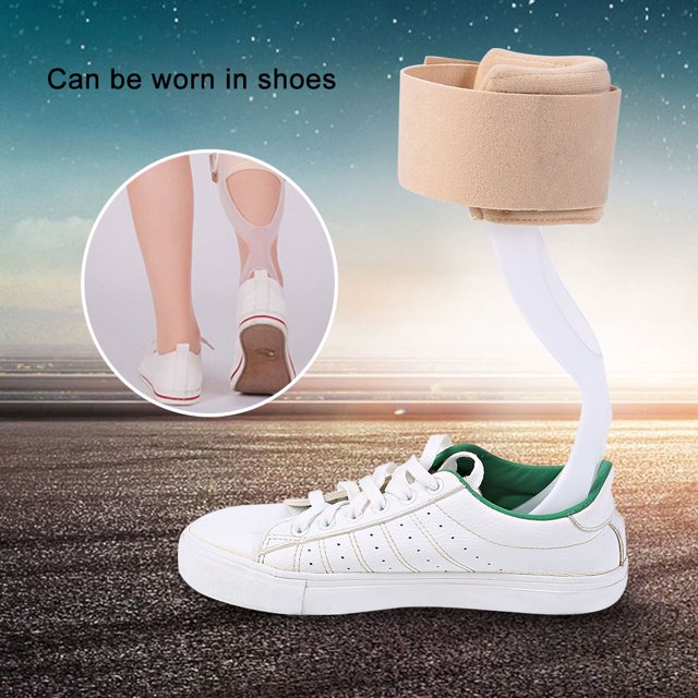Greensen Adjustable Foot Drop Orthosis Ankle Corrector Brace Support Protection Correction Splint, featuring a beige ankle strap and white composite material splint, designed to fit inside shoes for foot drop correction. Lightweight and comfortable, the brace is shown in a lifestyle setting with a close-up inset of it worn with sneakers. Available in two sizes for customizable fit.