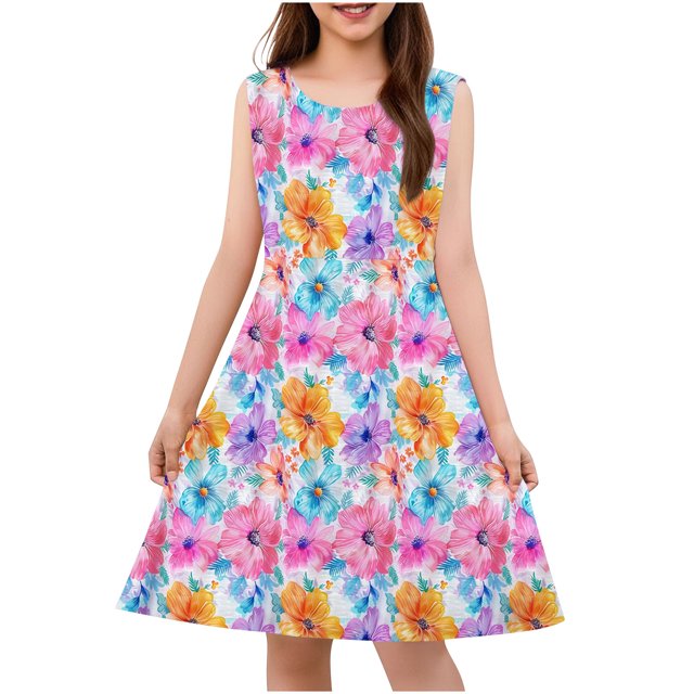 RXIRUCGD 2025 Vêtements d'Été pour Enfants Tout-Petits Filles Mignon Imprimé Fleuri Camisole Extensible Robe Sans Manches Robe Ligne A