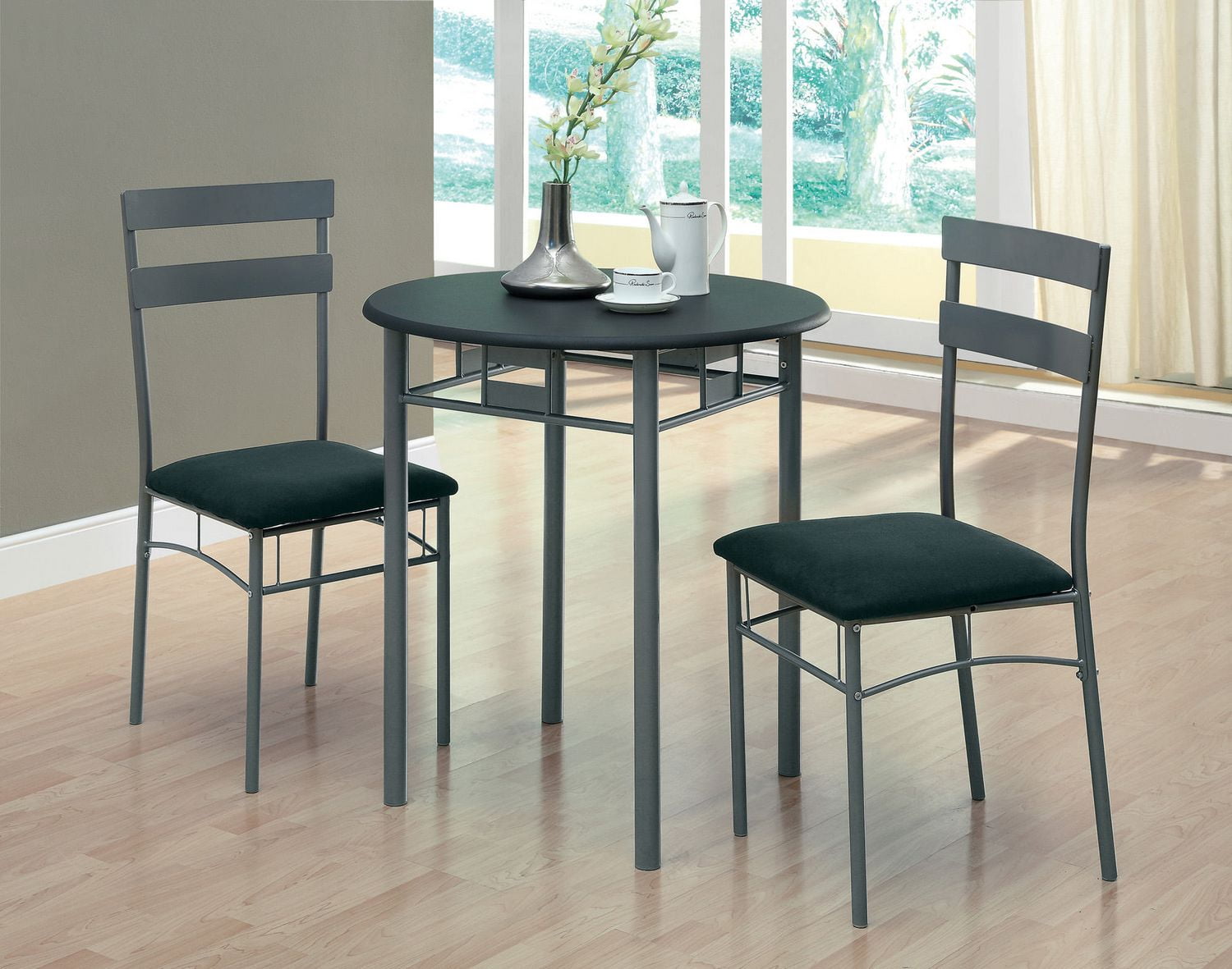 Monarch Specialties Ensemble De Table À Manger, Ensemble 3pcs, Petit, 30" Rond, Cuisine, Métal, Stratifié, Noir, Gris, Contemporain, Moderne