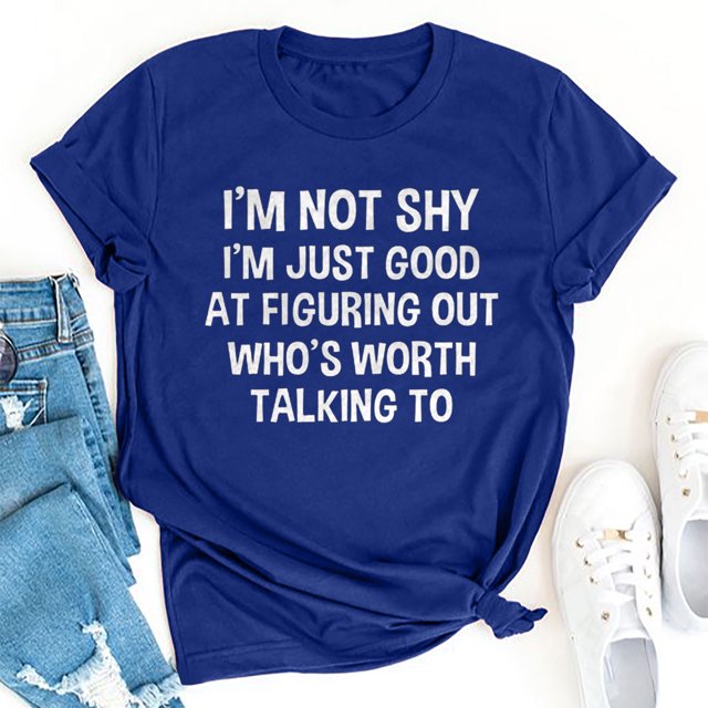 RXIRUCGD Hauts de Sortie pour Femmes Mode Été Ample Col Rond Imprimé Lettre Manches Courtes T-Shirt Bleu