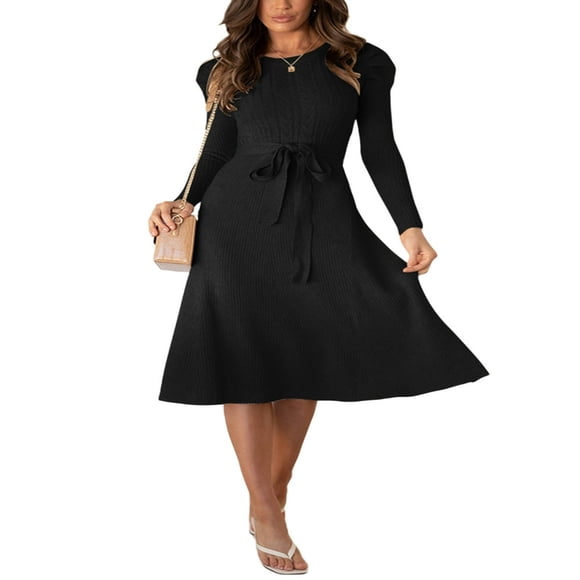Women Long Sleeve Knit Midi Dress Solid Color Tie Belted Knitted Sweater Dress A-Line Midi Dresses
