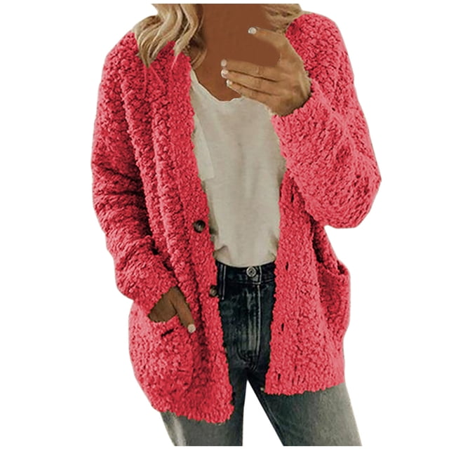 Fleece Cardigan Sweaters for Women Soft Long Sleeve Jacket with Pockets Button Down Open Front Fall Clothes