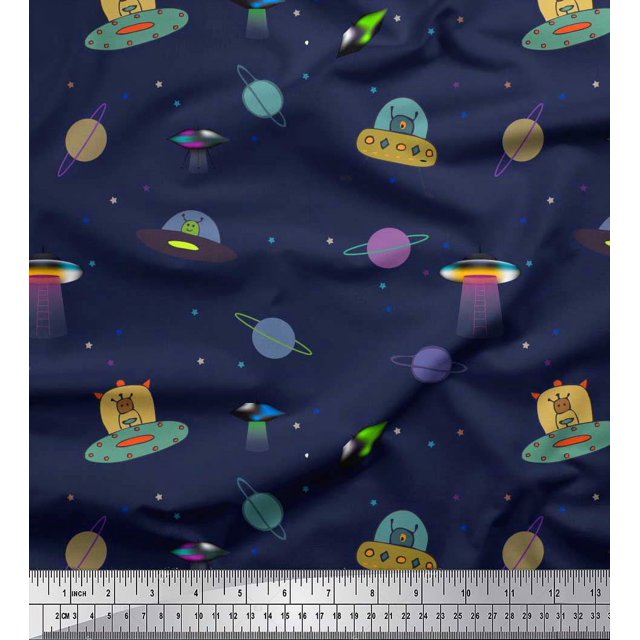 Soimoi Rayon Fabric Planet,Animal & Spaceship Cartoon Printed Craft Fabric by The Yard 42 Inch Wide