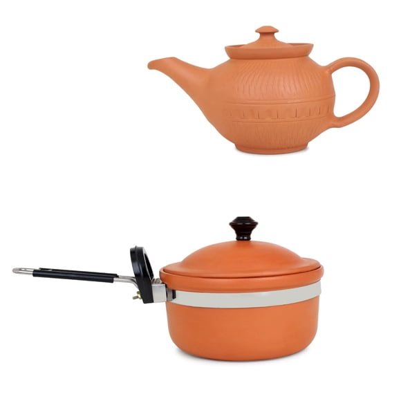 Bouilloire en Argile de Terre Cuite + Poêle / Combo pour Cuisine Matériau : Argile, Couleur : Brun, Contenu du Paquet : Bouilloire avec Ensemble de Poêles - Capacité:- Bouilloire-700 ml, Poêle -1500 ml