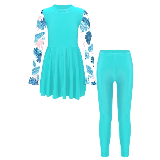 RUNQHUI Kids Girls UPF 50+ Rash Guard Swimsuits 2 Pieces Long Sleeves Dress with Pants Set Lake Green 14