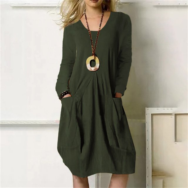 Robes Décontractées pour Femmes Robes de Printemps et d'Automne pour Femmes Col Rond Coton Lin Ample Décontracté Couleur Unie Manches Longues Robe à Poches Robe de Vacances en Liquidation
