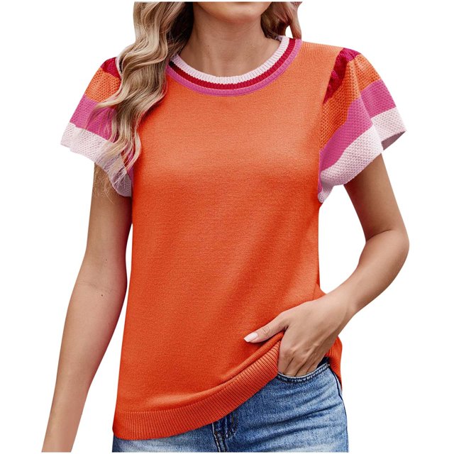 Pisexur Hauts pour Femmes Confort Printemps Hauts pour Femmes Nouveau Col Rond Tricot Design Color-Block Hauts Décontractés pour Femmes Chandail à Manches Courtes Doux, Hauts Mignons pour Femmes