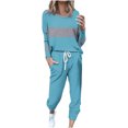 thumbnail image 1 of Posijego Ensemble Femme 2 Pcs Tenue Rayée Décontractée Manches Longues Col Ras du Cou Hauts Pantalons à Cordon Ensembles Détente P-5TG, 1 of 5
