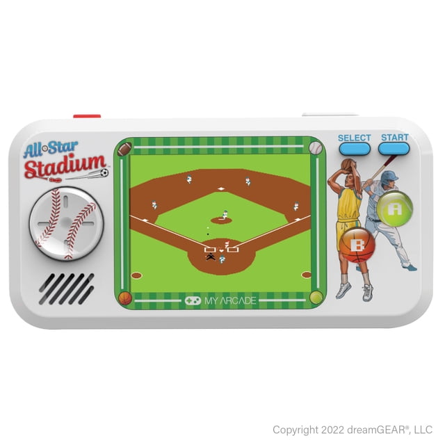 My Arcade - All-Star Stadium Pocket Player handheld retro gaming console with a white body and 2.75-inch full-color screen displaying a pixelated baseball game. It has a baseball-themed directional pad on the left, speaker grille below, blue Select and Start buttons on the right, and green A and red B buttons with sports player illustrations. Compact and ergonomic for portable retro gaming.