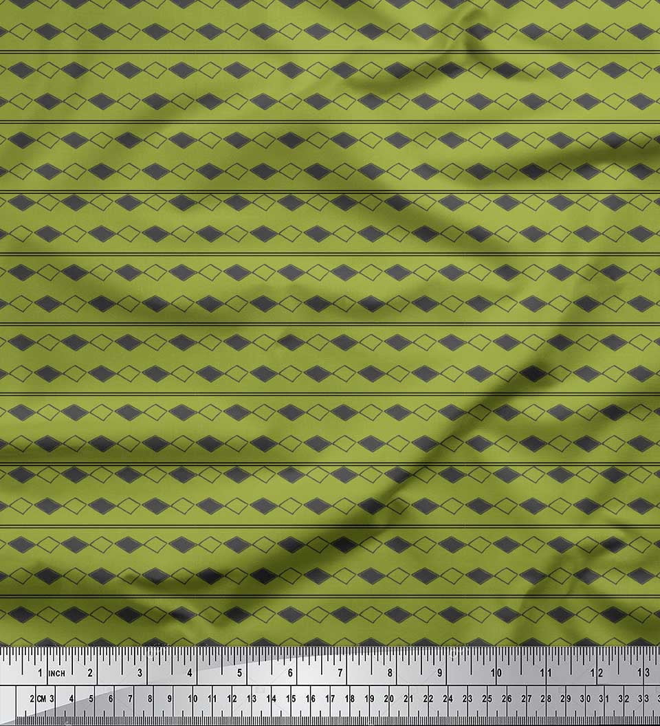 Soimoi Green Poly Georgette Fabric Stripe & Diamond Geometric Print Sewing Fabric Yard 52 Inch Wide