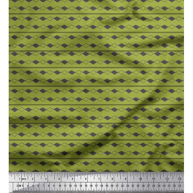 Soimoi Green polyester Crepe Fabric Stripe & Diamond Geometric Print Fabric by Yard 52 Inch Wide